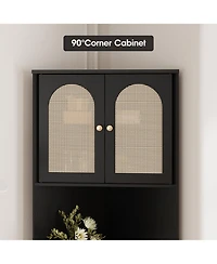 Vabches 67" H Tall Corner Cabinet, Rattan Storage Cabinet with Adjustable Shelves, Corner Bookshelf