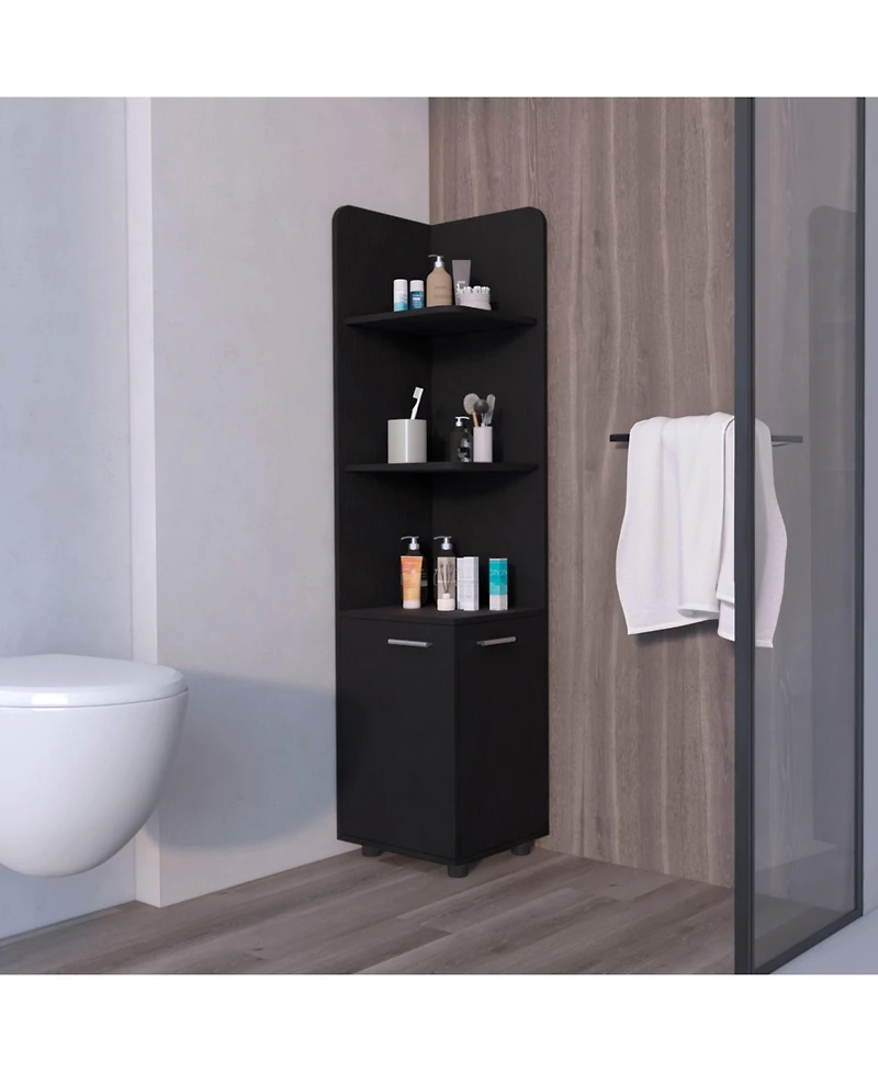 Fm Furniture Sunriver Corner Shelf with Cabinet, 3-Tier Shelf, Metal Handles