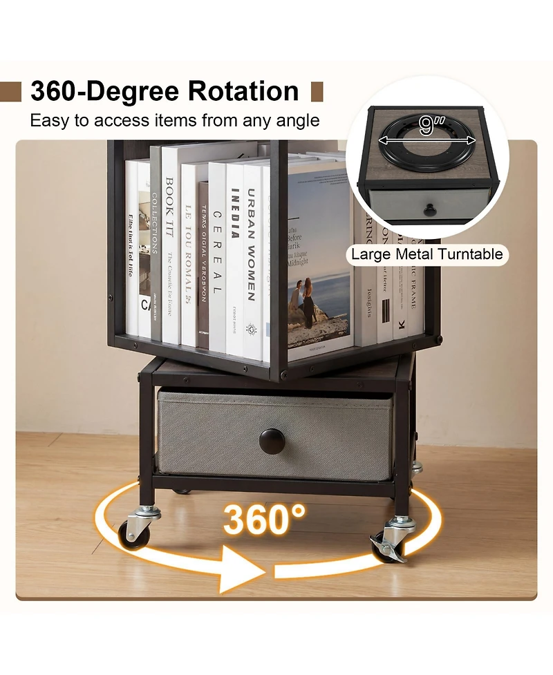 Gymax 4-Tier Rotating Bookshelf on Wheels w/Removable Fabric Storage Drawer for Office