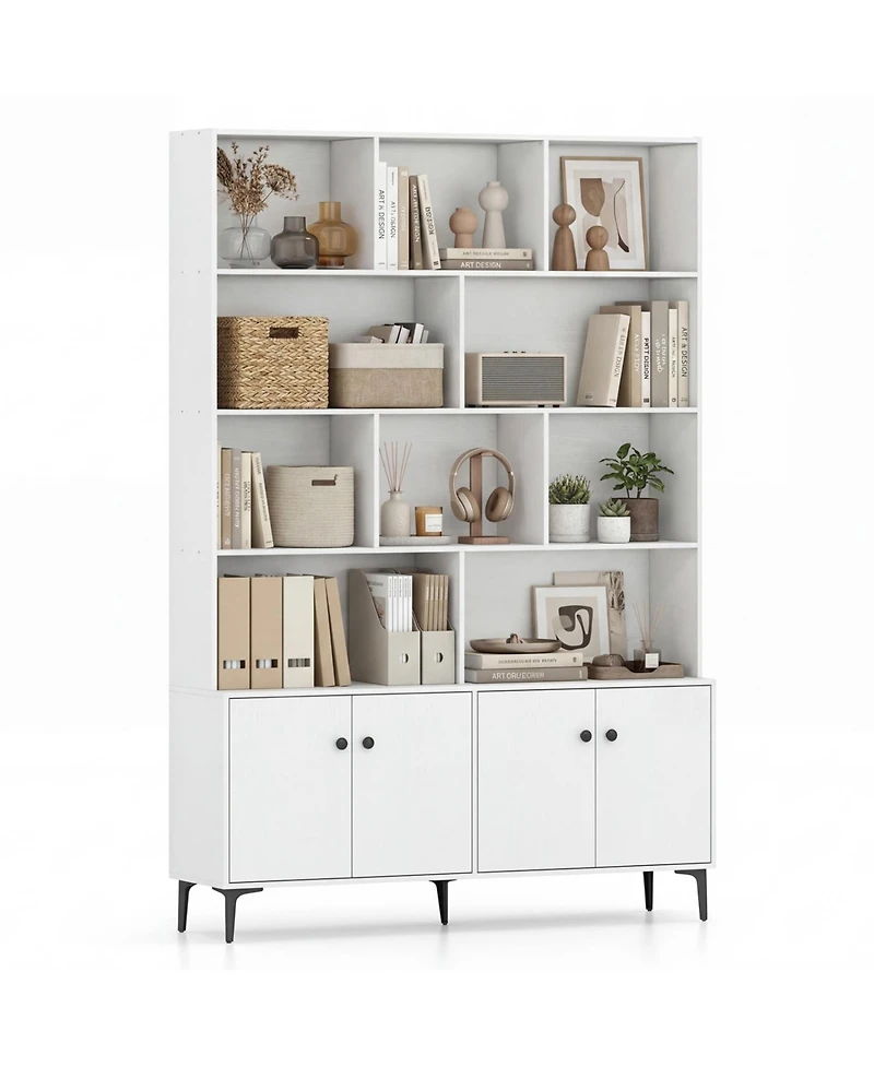 Sugift Tall Bookshelf with 4-Door Storage Cabinets and Metal Legs for Home Office