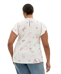 City Chic Plus Fleur Petal Print Top with Frilled-Crew Neckline and Short Flutter Sleeves