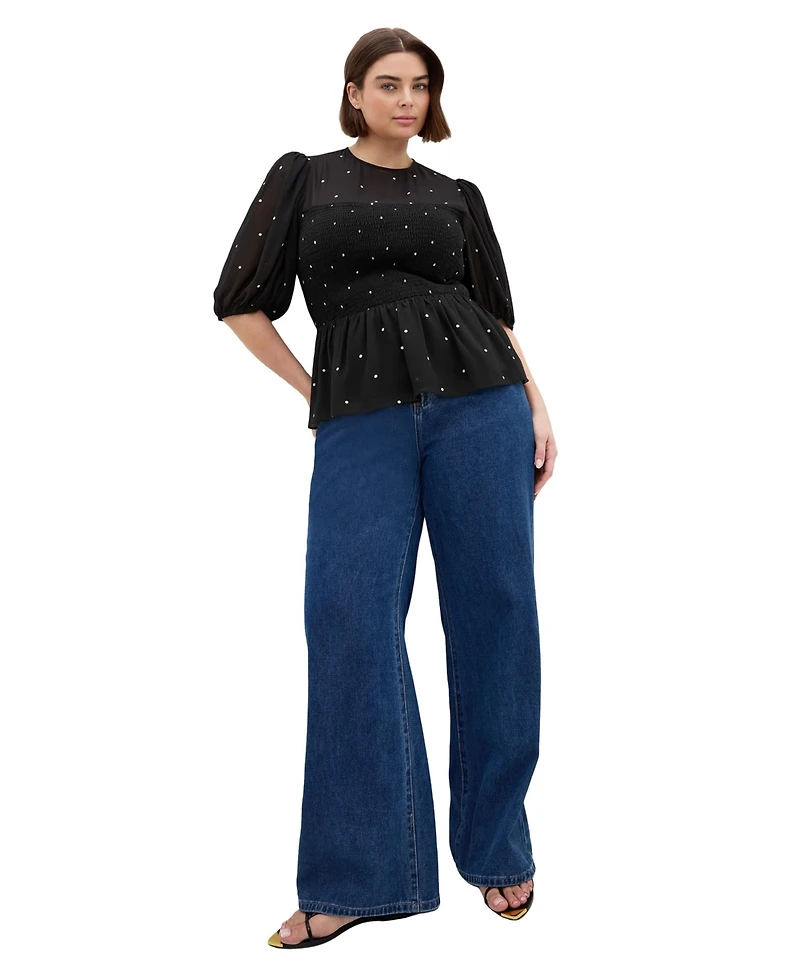 City Chic Plus Esther Spot-Print Shirred Peplum Blouse
