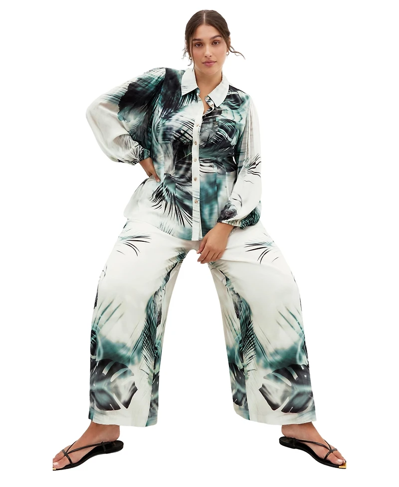 City Chic Plus Piper Palm Print Collared Long-Sleeve Relaxed-Fit Shirt