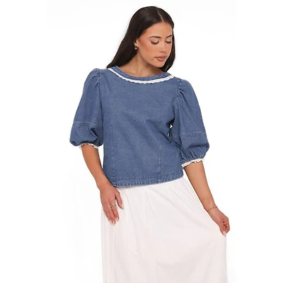 Petal and Pup Women's Merli Denim Open-Back Puff-Sleeve Top