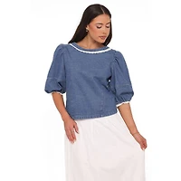 Petal and Pup Women's Merli Denim Open-Back Puff-Sleeve Top