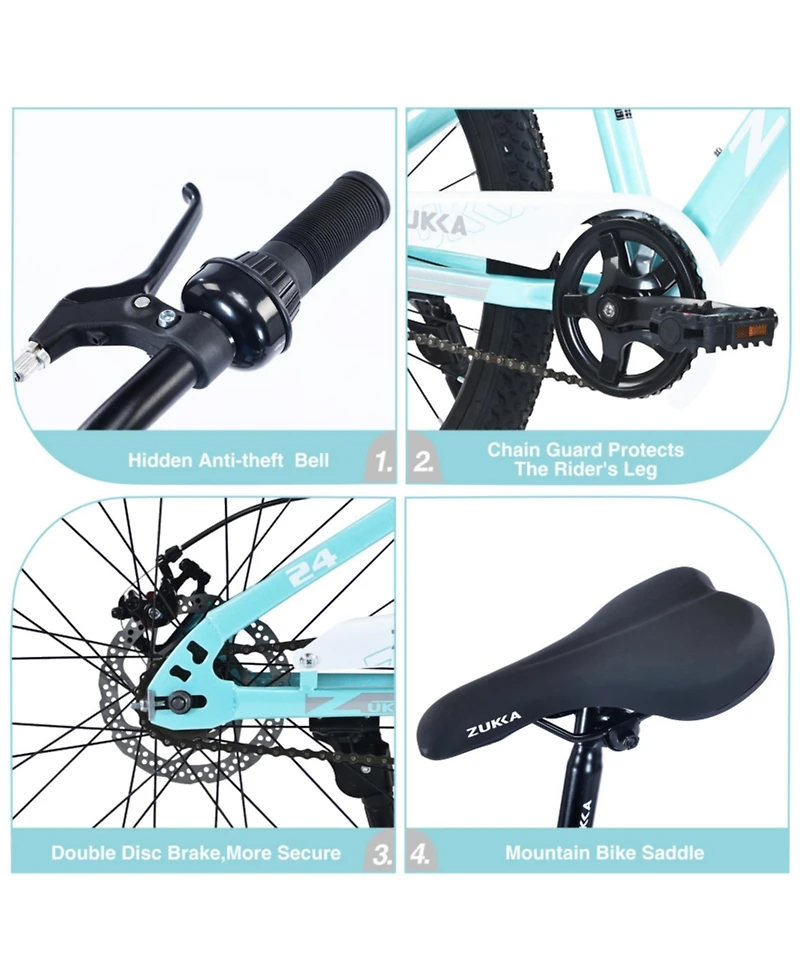 ECHTPeak Mountain Bike 24 Inch Front Suspension Fork Double Disc Brakes, 220 lbs, Ages 9-12