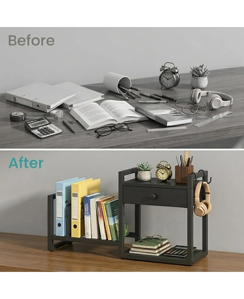 Danrong 2 Tier Wooden Desktop Organizer with Drawer and Hooks Rustic Desk Storage Rack for Home Office Dorm
