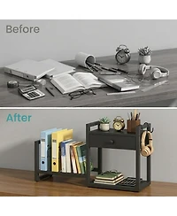 Danrong 2 Tier Wooden Desktop Organizer with Drawer and Hooks Rustic Desk Storage Rack for Home Office Dorm