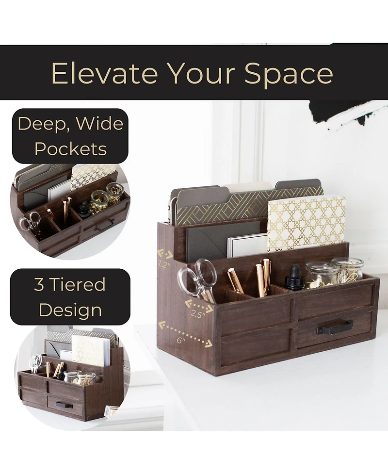 Danrong Rustic Wood Desktop Mail Organizer With Drawer Pen Holder
