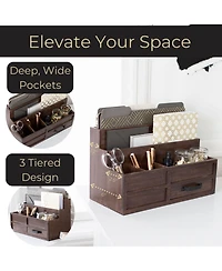 Danrong Rustic Wood Desktop Mail Organizer With Drawer Pen Holder