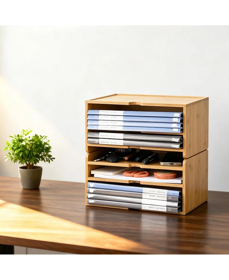 Danrong Solid Wood Desk Organizer Stackable File Tray Mail Holder 2-in-1 Rack