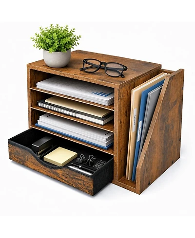Danrong Brown Wooden Desk Organizer With Drawers 4 Tier Multi Function Office Storage