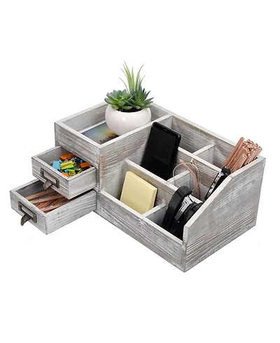 Danrong Rustic Wooden Desktop Organizer 2 Tier Drawers Multi Compartment Storage