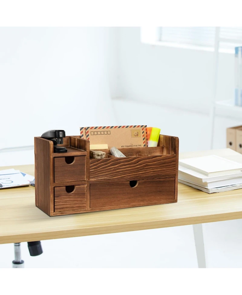 Danrong Deep Roast Solid Wood Desktop Organizer 3 Drawers Multi Compartment Storage