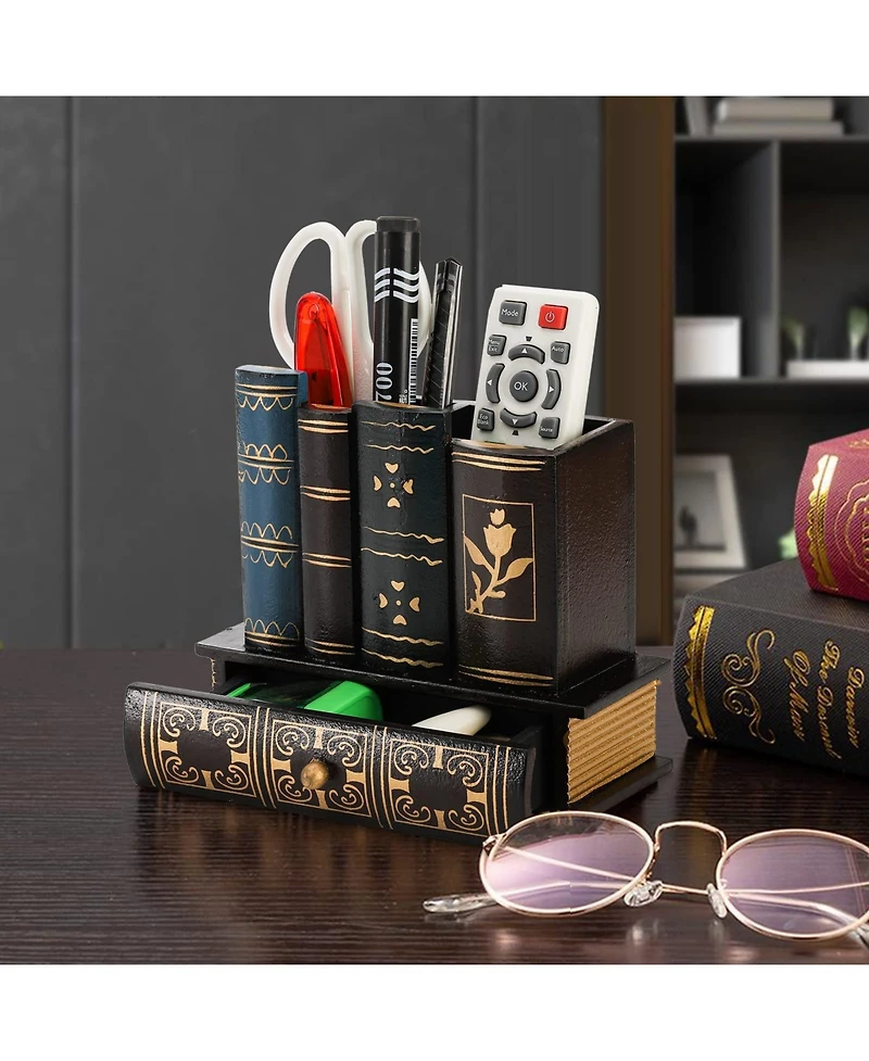 Danrong Wooden Library Book Design Pen Holder With Drawer Desk Organizer