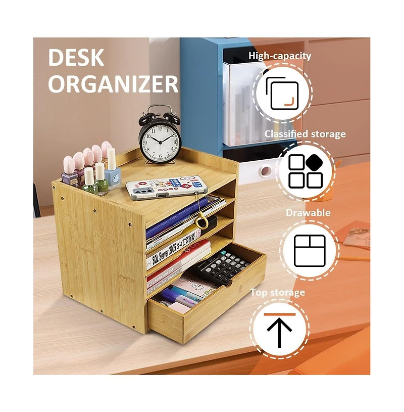 Danrong 5 Tier Desk Organizer with Drawer Adjustable Shelves Desktop File Holder for Home Office School
