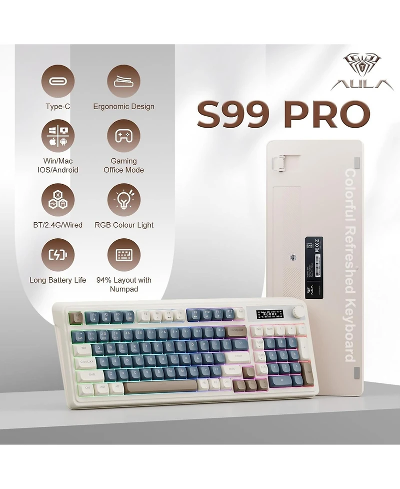 Aula S99 Pro, 99-Key, Wireless, Membrane, Gaming Keyboard, Rgb, 5-Layer Padding, 2000 mAh Battery, Knob, Digital Screen