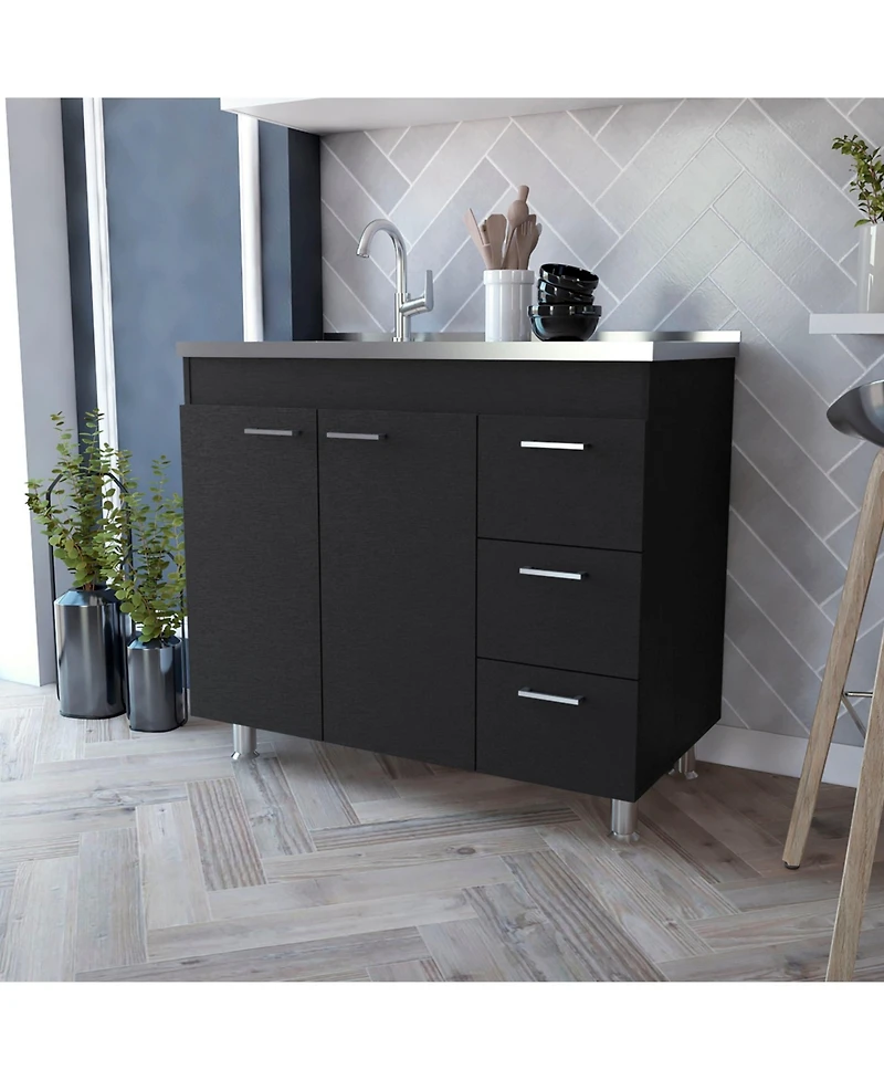 Fm Furniture Darien Melamine Base Cabinet, Three Drawers And Stainless Steel Top