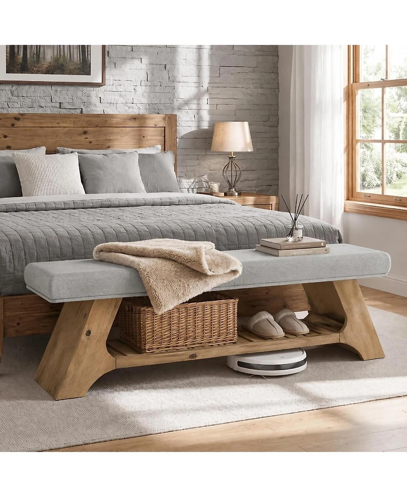 Tribesigns 55" Solid Wood Shoe Bench with Cushion, 2-Tier Upholstered