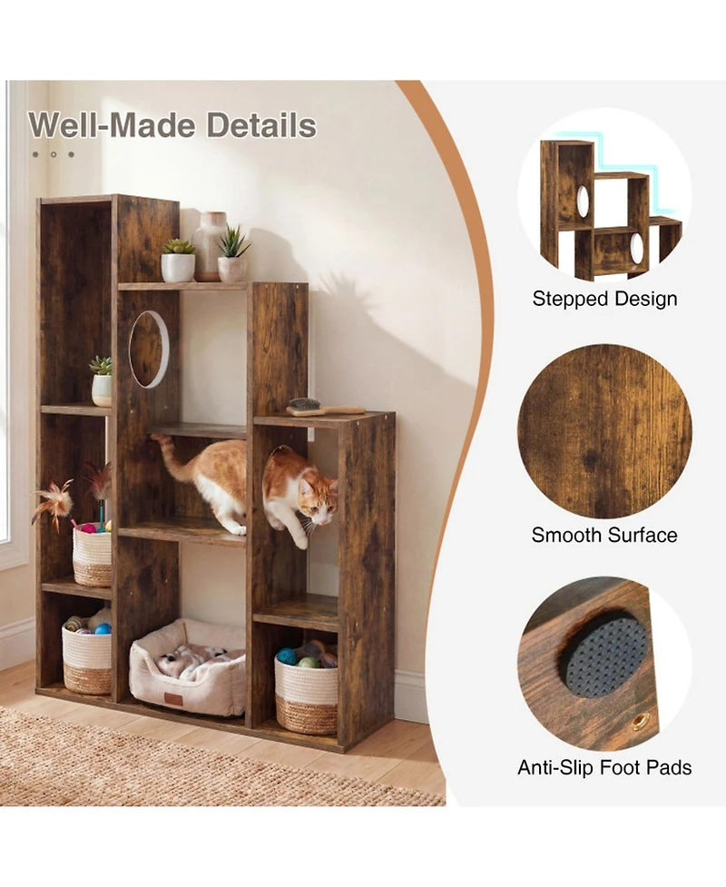 Sugift Modern Cat Bookshelf Cat Tree 8-Section Storage Cabinet with 2 Round Hideaway Holes