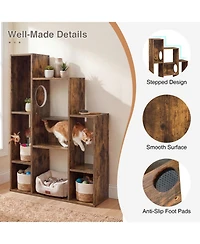 Sugift Modern Cat Bookshelf Cat Tree 8-Section Storage Cabinet with 2 Round Hideaway Holes