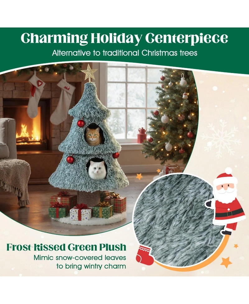 Sugift Christmas Cat Tree 48.5 Inch Festive Cat Tower with 2 Large Condos and Thick Scratching Post