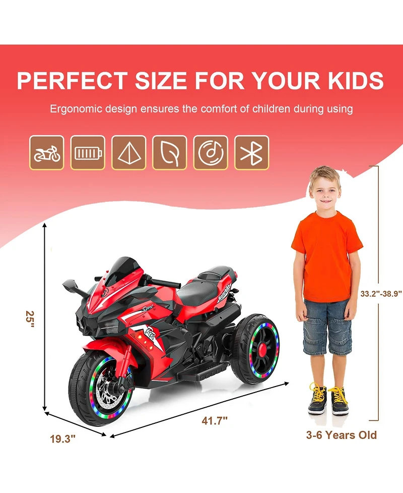 Sevorley 12V Kids Electric Ride-On Motorcycle with Rechargeable Led Lights and Music, Ages 3-6