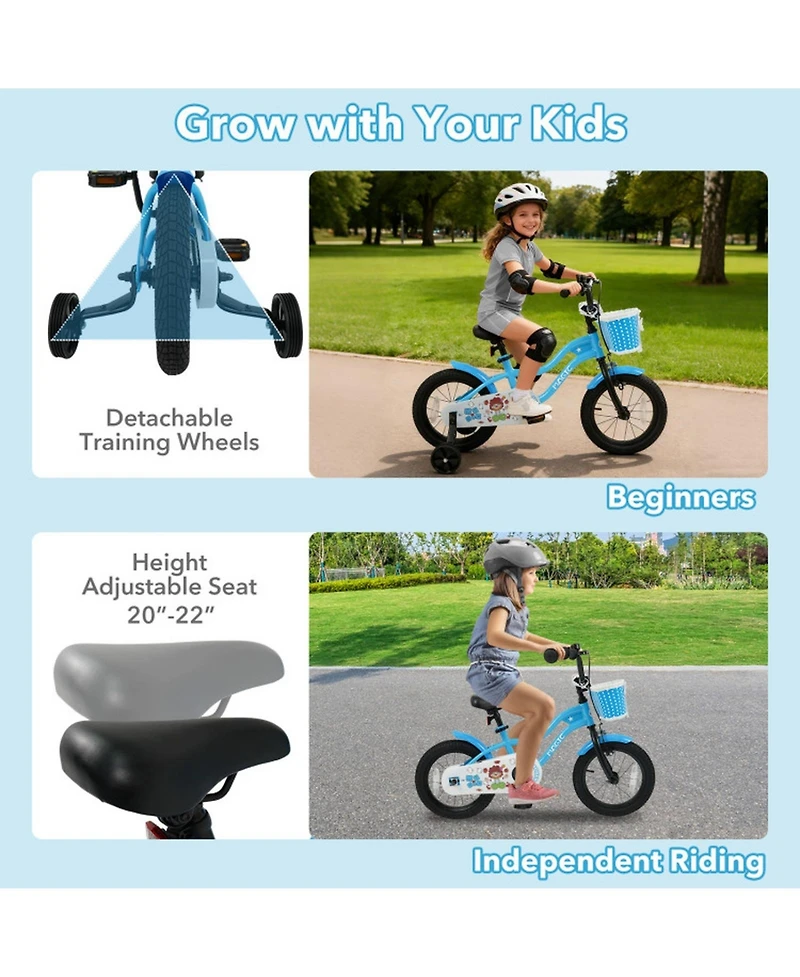 Hongge 14-Inch Kids Bike with Detachable Training Wheels and Dual Brakes, Ages 3-5