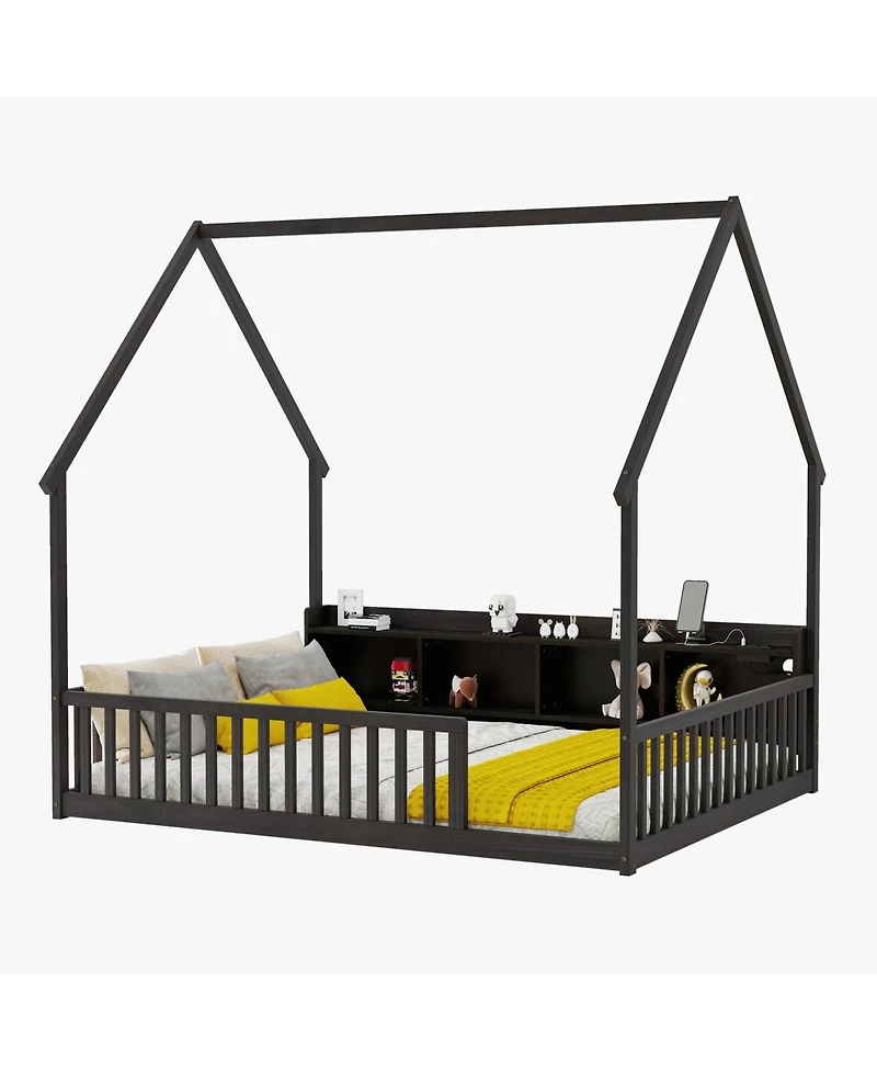 Streamdale Furniture Full House Floor Bed with Storage, Led, Charging Station and Guardrails