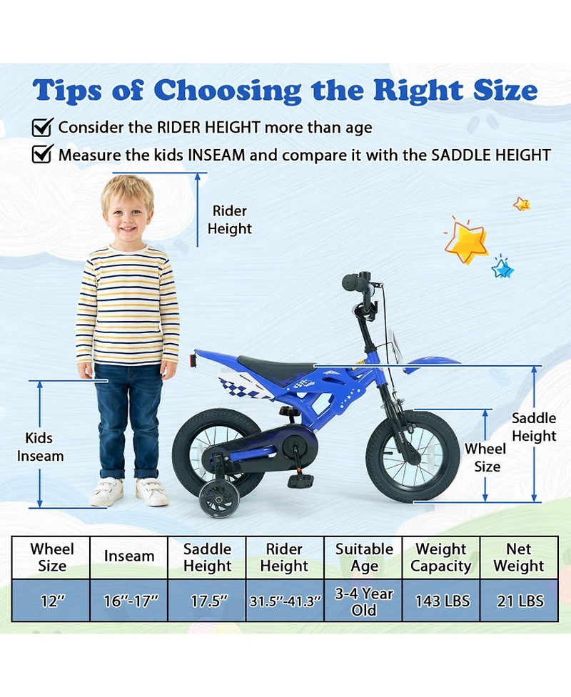 Sugift 12 in Motorcycle-Style Kids Bike with Training Wheels, Ages 3-4