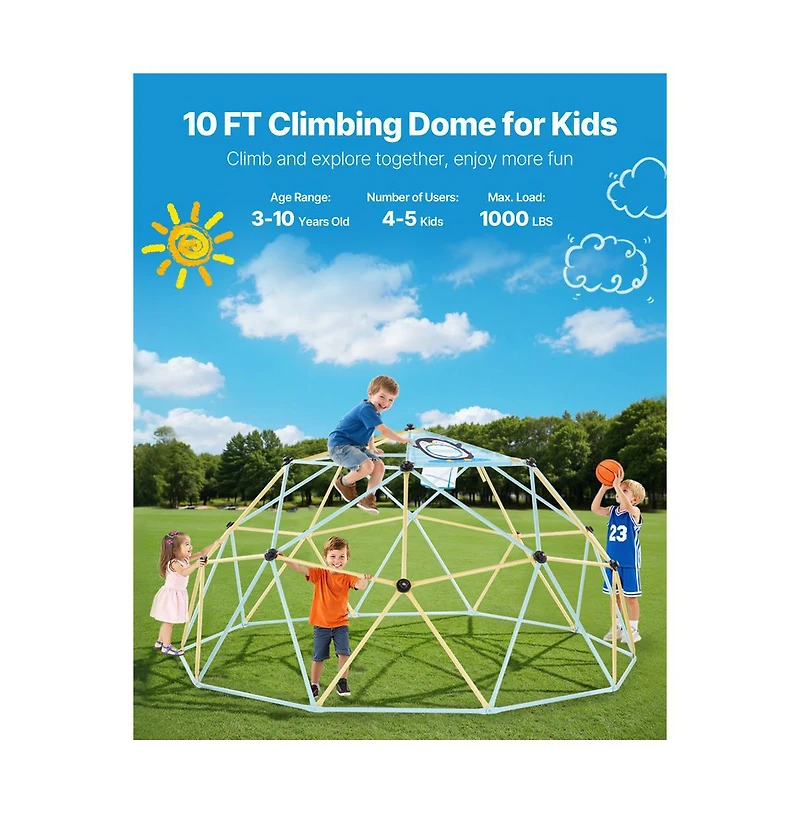 Slickblue Kids Climbing Dome with Basketball Hoop and Octopus Net, 120" x 120" x 60", 1000 lb. Capacity, Ages 3-10