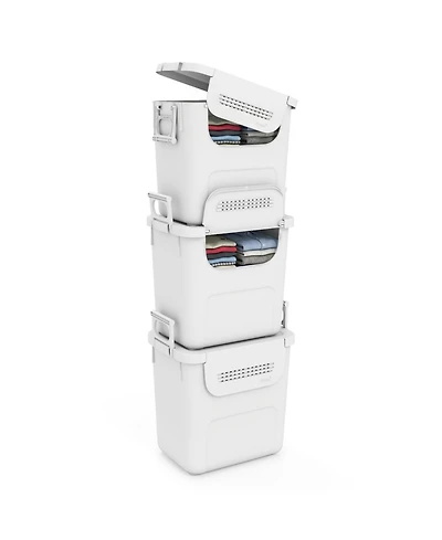 Volenca 3-Piece Stackable Plastic Storage Bins with Stay-Open Lids and Wheels