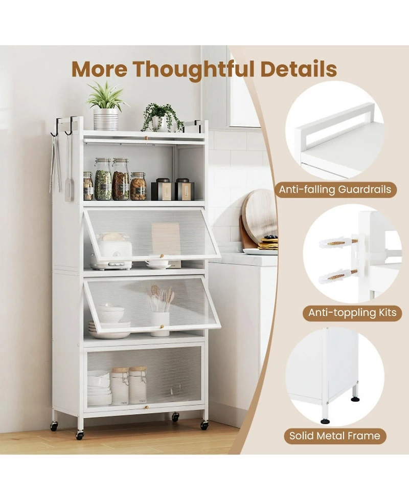 Sugift 5-Tier Rolling Kitchen Pantry Storage Cabinet with Flip-Up Transparent Doors and Adjustable Feet