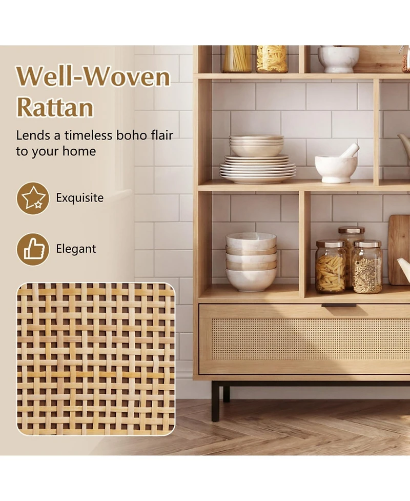 Sugift 64 Inch 6-Tier Tall Wooden Bookcase with 8 Open Cubes and Pull-Out Rattan Drawer