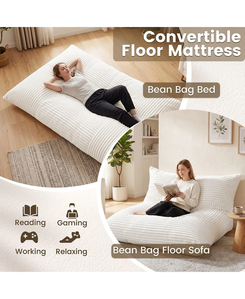 Gymax Convertible Bean Bag Floor Sofa with Machine-washable Corduroy Cover Soft Sponge
