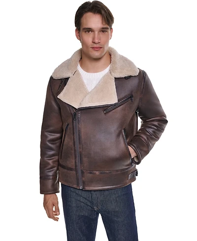 Karl Lagerfeld Paris Men's Asymmetrical Shearling Moto Jacket