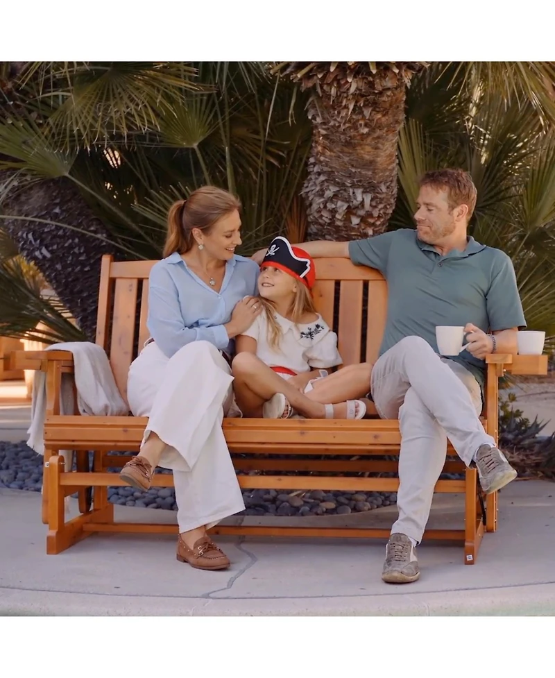Innovaze 3 Seater Outdoor Wooden Glider Chair, Contoured Patio Bench with Built In Cup Holders for Comfortable Porch and Backyard Relaxation