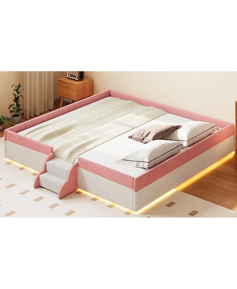 Streamdale Furniture King Size Upholstered Floor Bed with Fence and Led Lights