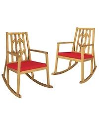 Costway 2 Piece Patio Rocking Chair Acacia Wood Armrest Cushioned Sofa Garden Deck