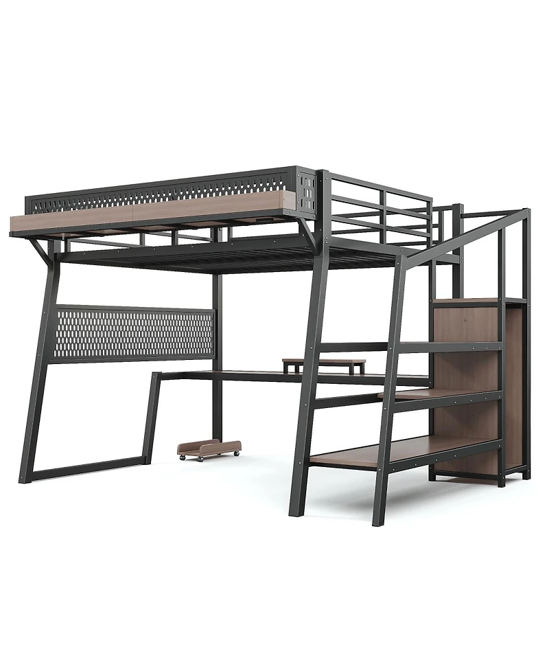 Streamdale Furniture Queen Loft Bed with Storage Stairs, Wardrobe, Led Lights and Usb