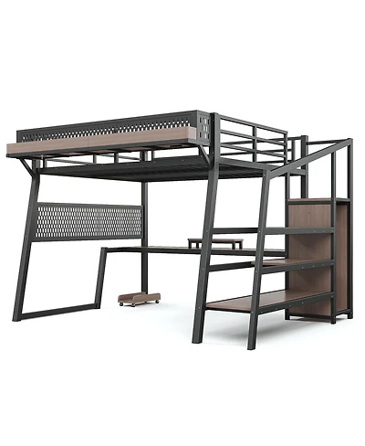 Streamdale Furniture Queen Loft Bed with Storage Stairs, Wardrobe, Led Lights and Usb