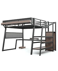 Streamdale Furniture Queen Loft Bed with Storage Stairs, Wardrobe, Led Lights and Usb