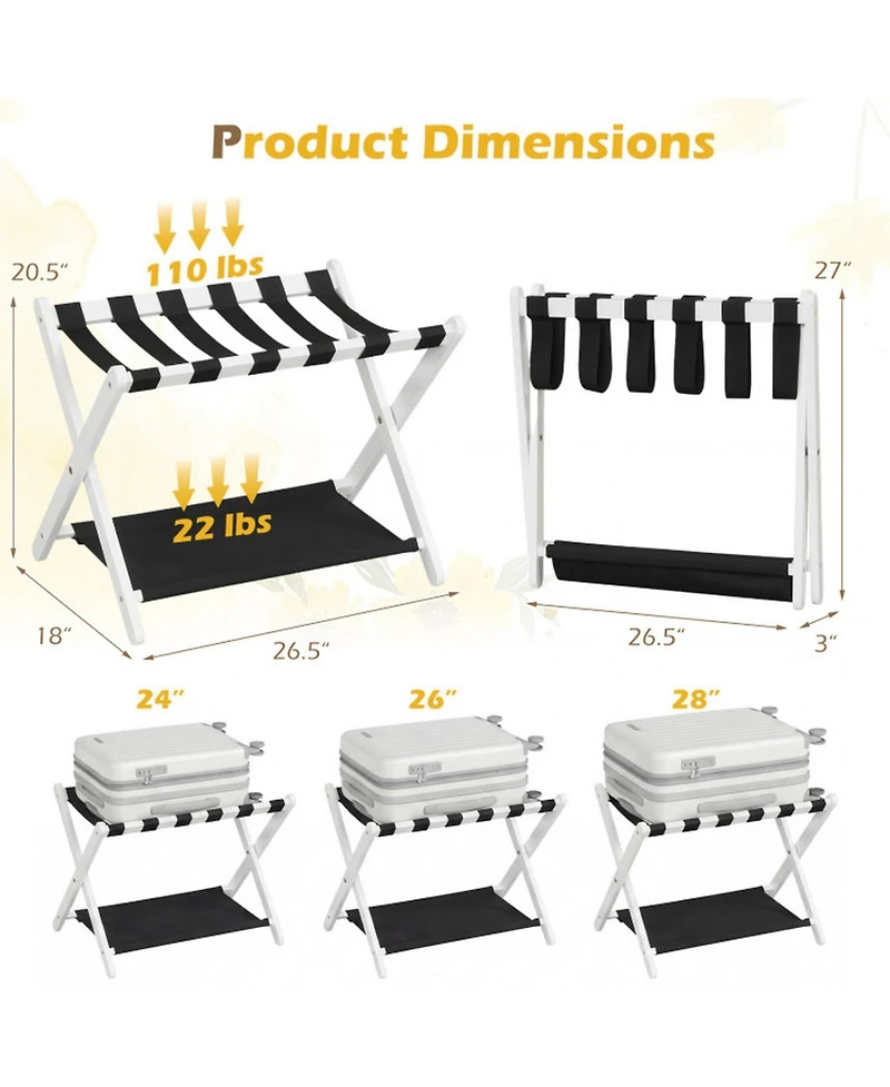 Sugift Folding Solid Rubberwood Luggage Rack for Guest Room with 2-Tier Nylon Shelves