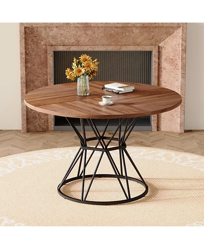 Flynama 47.3 Inch Walnut Wood Grain Round Dining Table with Hourglass Metal Bracket for 4-6 People