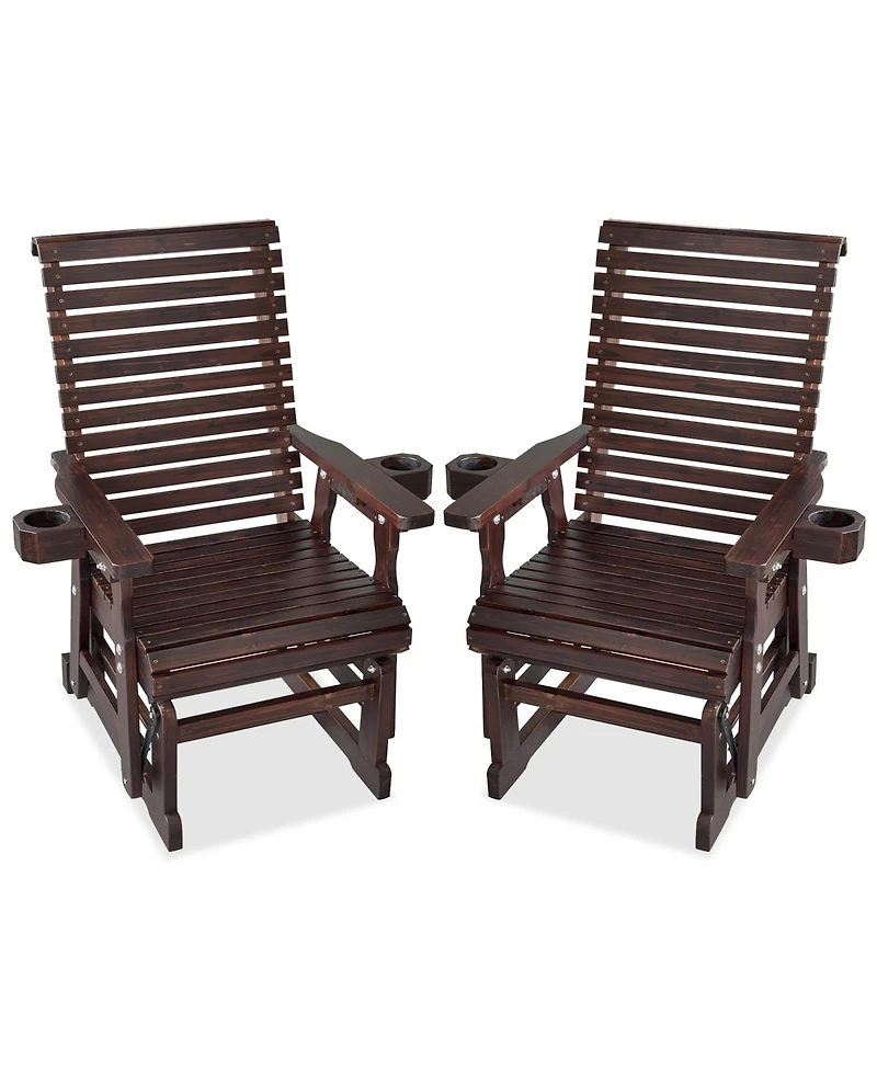 Mega Casa Solid Wood Outdoor Glider Chair, All-Weather High Back Patio Rocker with Dual Cup Holders