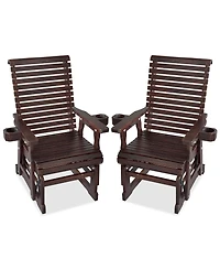 Mega Casa Solid Wood Outdoor Glider Chair, All-Weather High Back Patio Rocker with Dual Cup Holders