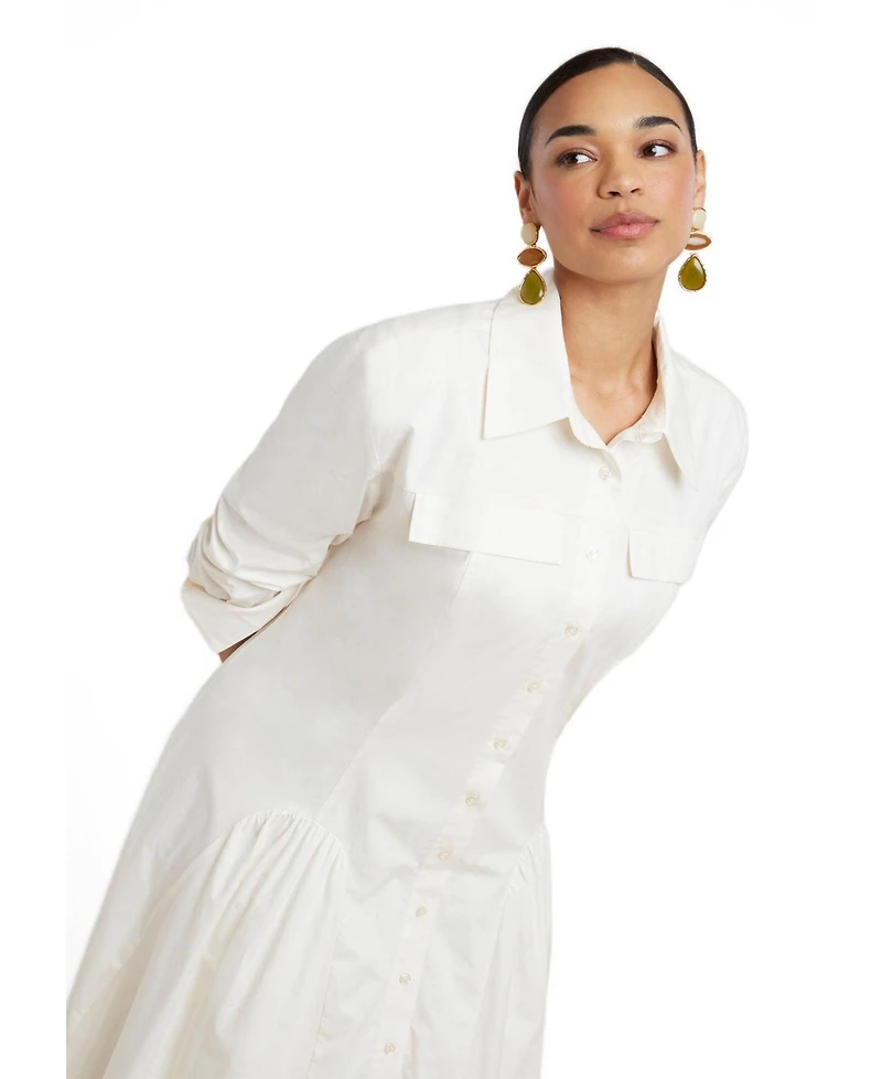 Eloquii Women's Plus Shirred Godet Flare Poplin Dress