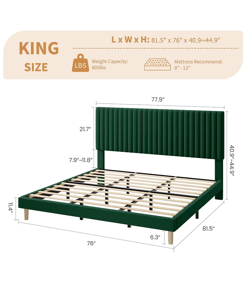 Gaomon Velvet Upholstered Platform Bed Frame with Adjustable Headboard, Vertical Channel Tufted, Strong Wooden Slats