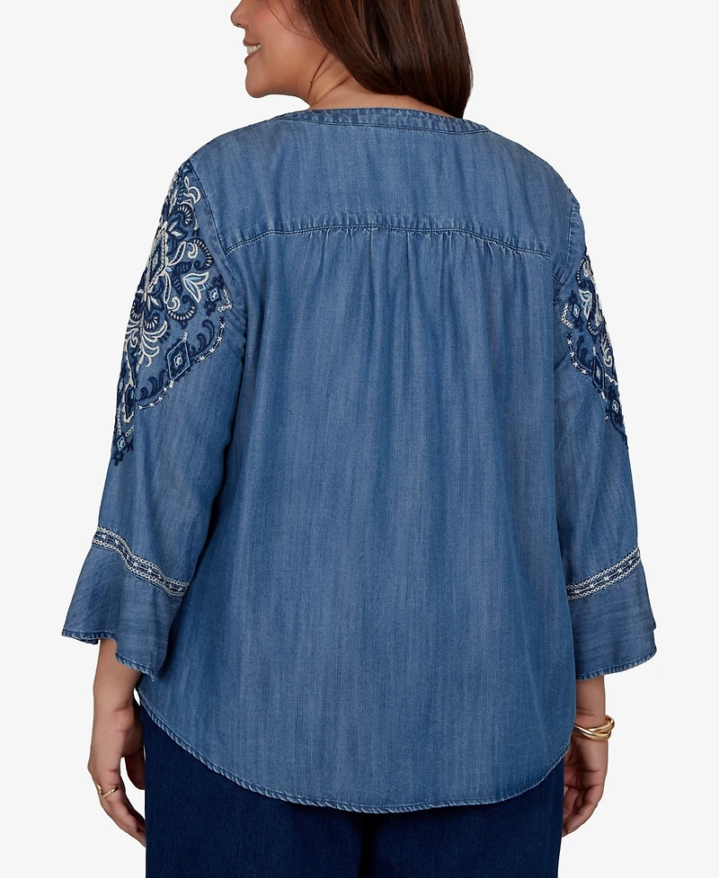 Alfred Dunner Plus Embroidered Henley Denim Blouse