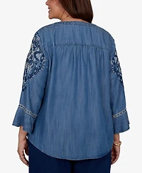 Alfred Dunner Plus Embroidered Henley Denim Blouse